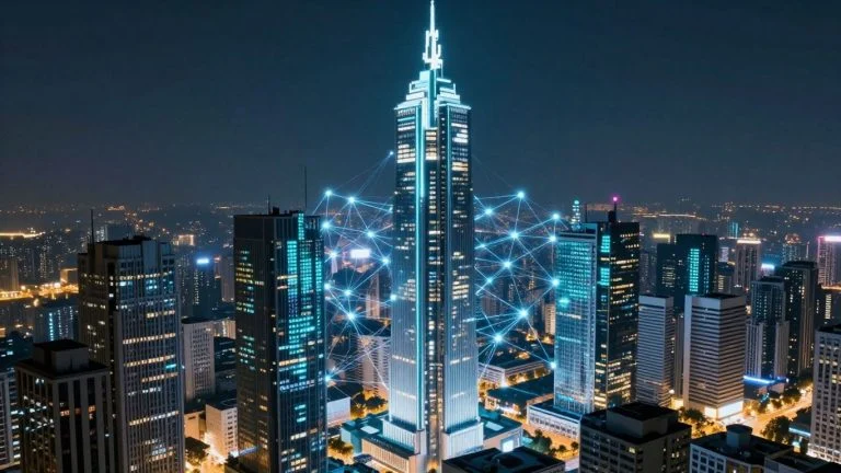 Futuristic cityscape with glowing blockchain network lines.