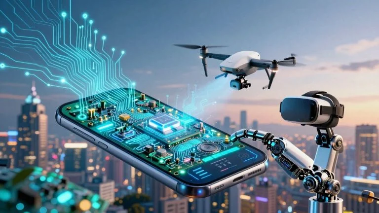 Collage of modern technology: circuits, phone, drone, VR, robot.