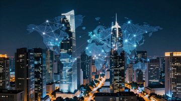 Futuristic blockchain cityscape with glowing digital networks.