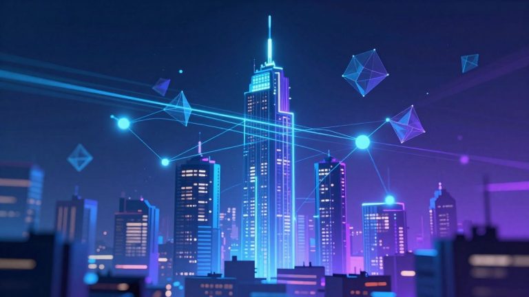 Futuristic cityscape with glowing digital streams and interconnected nodes.