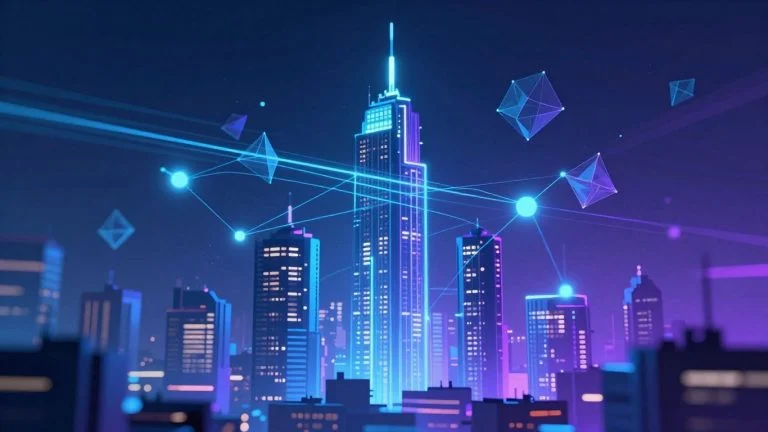 Futuristic cityscape with glowing digital streams and interconnected nodes.