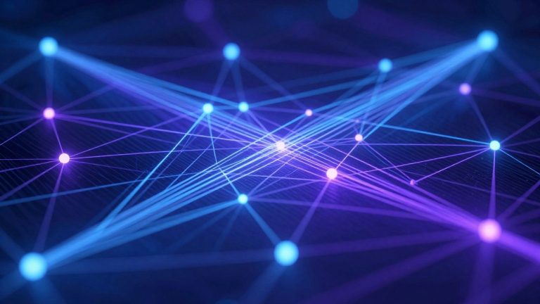 Digital blockchain network with glowing nodes and connections.