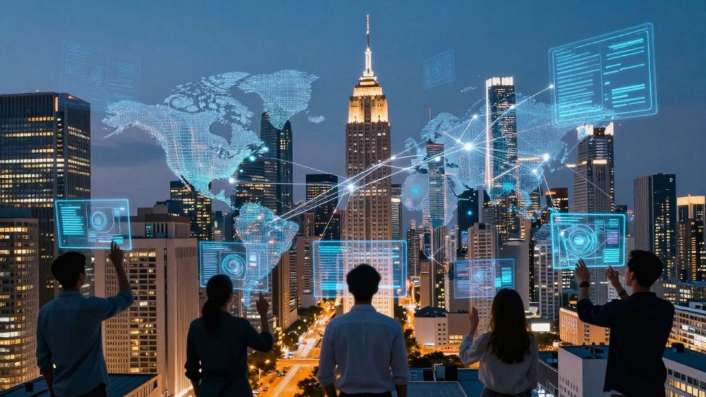 Modern city with digital connections and people using technology.