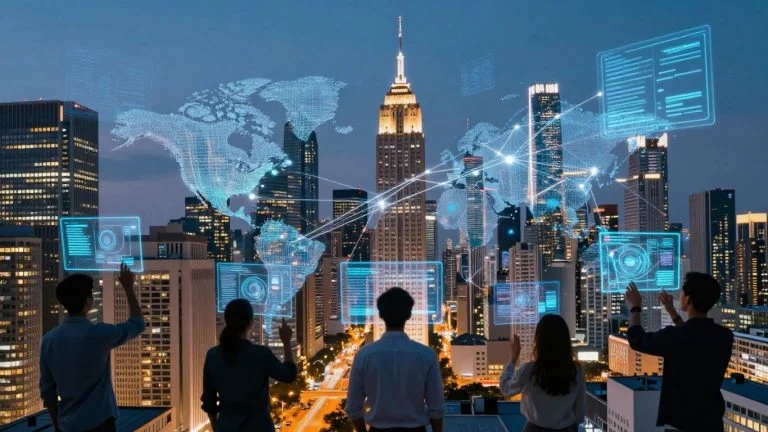 Modern city with digital connections and people using technology.