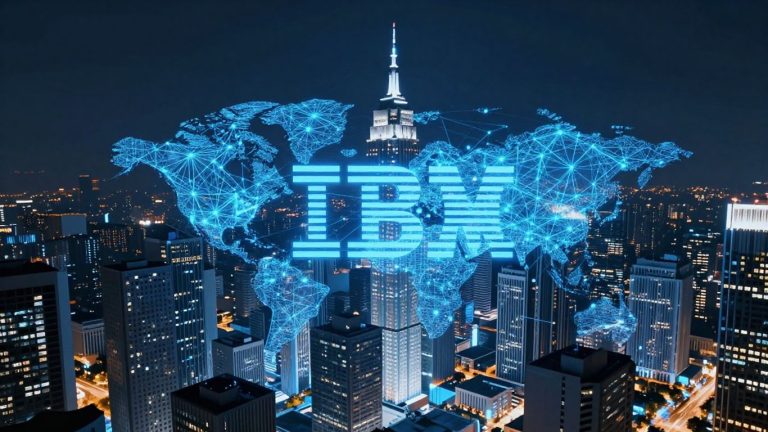 IBM blockchain network connecting a futuristic city.