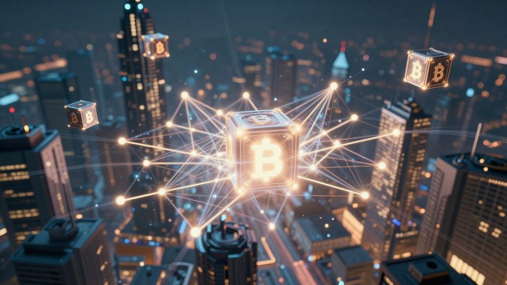 Blockchain and AI merging in a futuristic digital landscape.