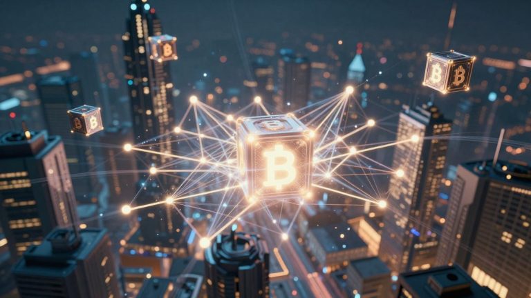 Blockchain and AI merging in a futuristic digital landscape.