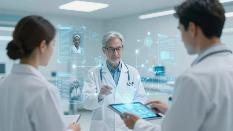 Doctors using tablet with blockchain medical network