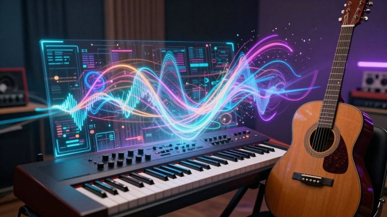 Futuristic music technology with instruments and holograms.