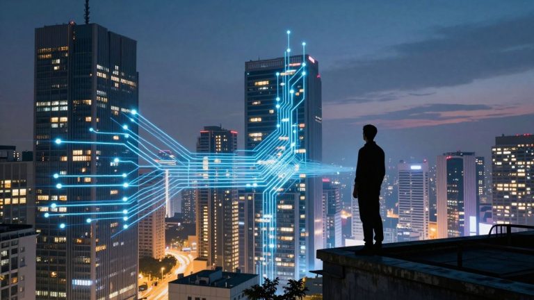 Humanity and AI integrated into a futuristic cityscape.