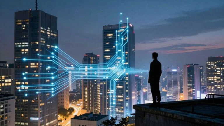Humanity and AI integrated into a futuristic cityscape.