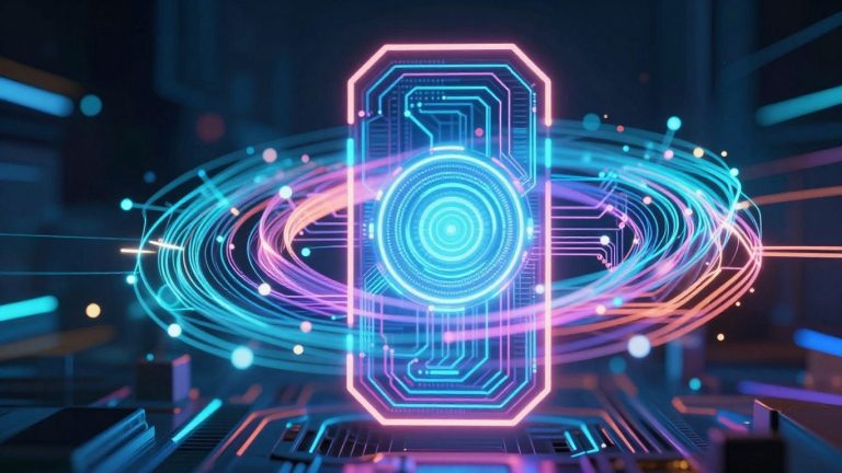 Futuristic technology and innovation with light trails.