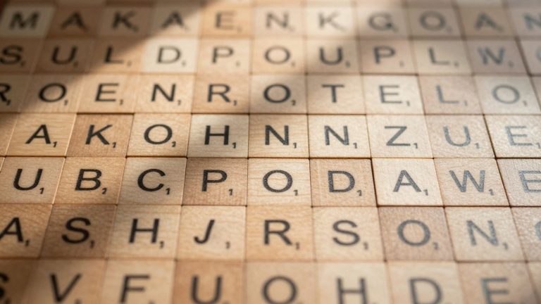 Wooden letter tiles forming words in a puzzle grid.