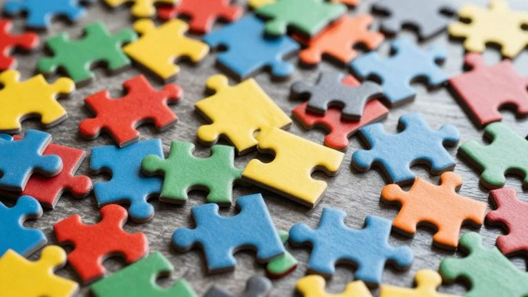 Interconnected colorful puzzle pieces forming a complex pattern.