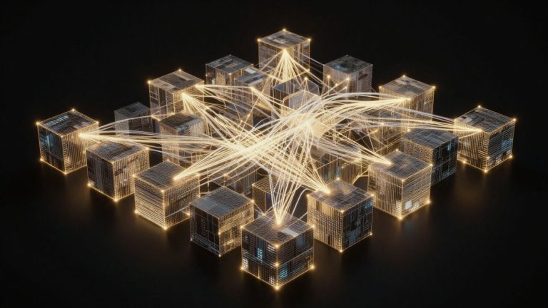 Interconnected digital blocks forming a glowing network.