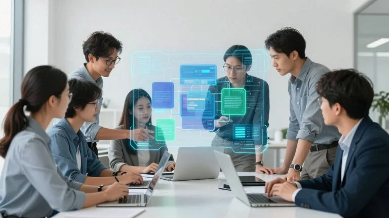 Blockchain development companies collaborating on a futuristic project.