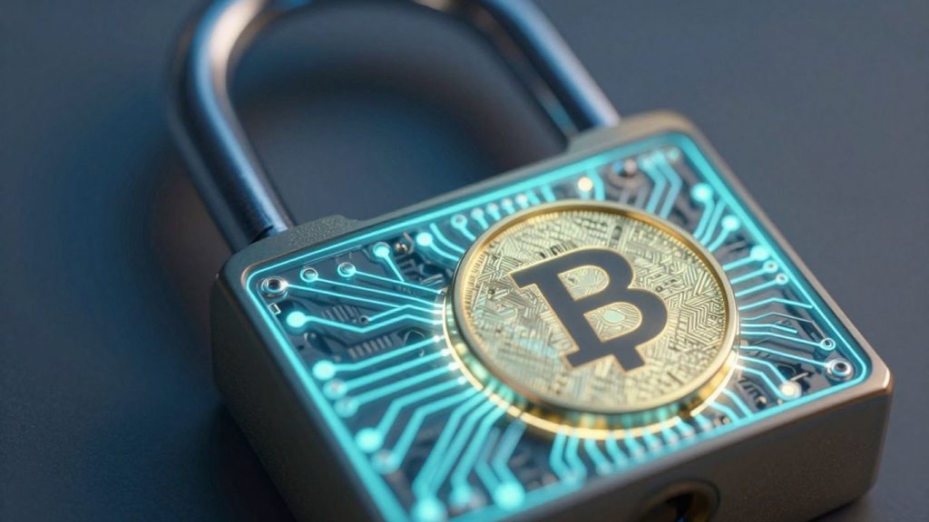 Digital padlock on a glowing blockchain network