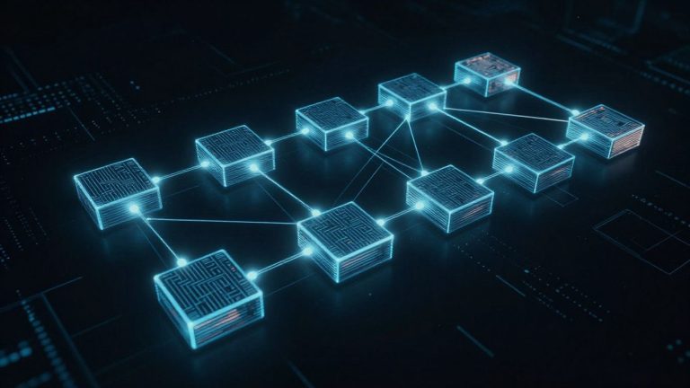 Interconnected digital blocks forming a blockchain network.