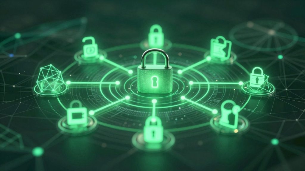 Digital padlock on a network, illustrating smart contracts.