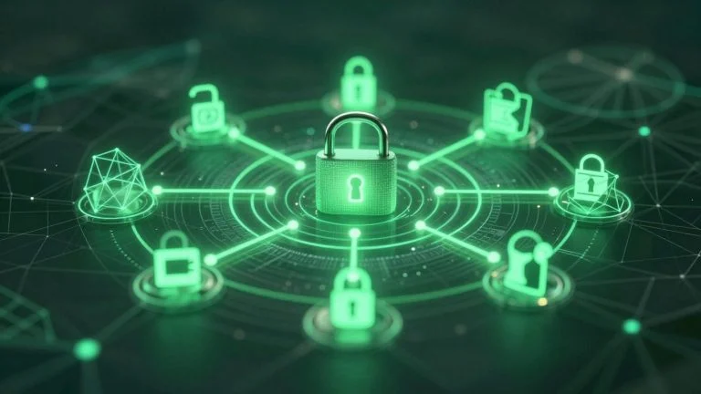 Digital padlock on a network, illustrating smart contracts.
