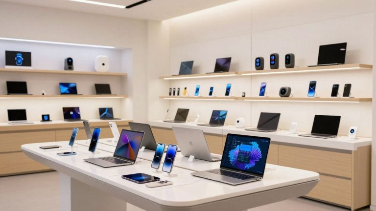 Latest gadgets on display in a modern tech store.