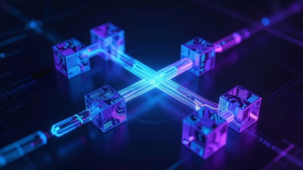 Interconnected digital blocks forming a glowing chain.