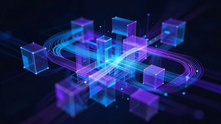 Abstract blockchain data visualization with glowing blocks and light trails.
