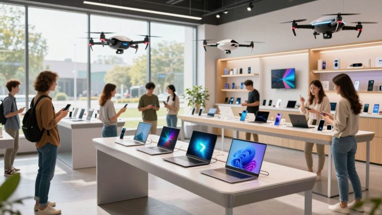 Latest gadgets on display in a bright, modern technology store.