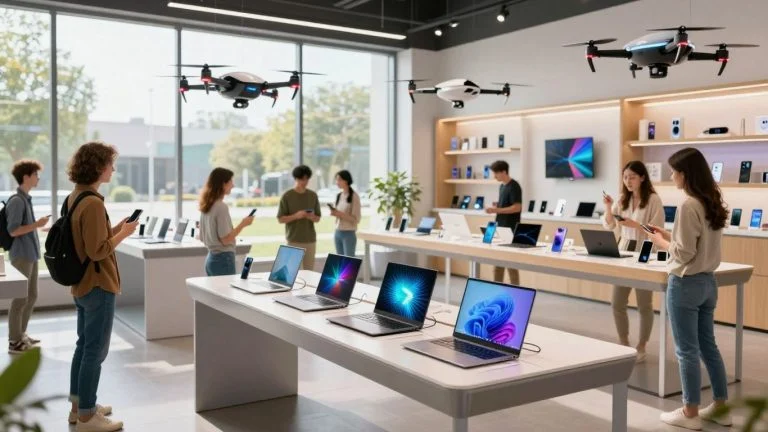 Latest gadgets on display in a bright, modern technology store.