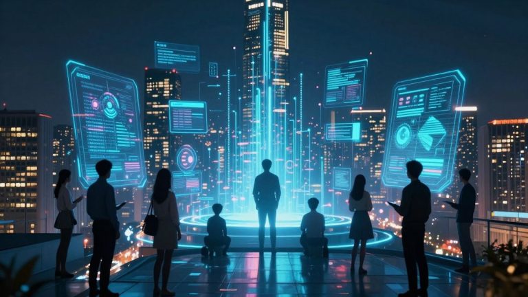 Futuristic cityscape with glowing digital streams and holograms.