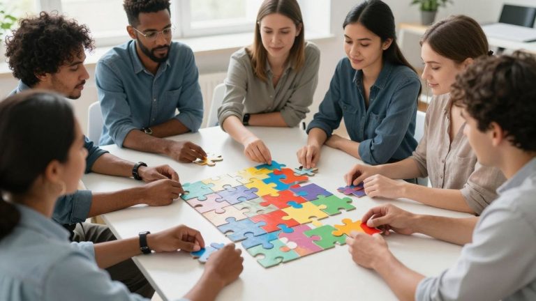 People solving a colorful puzzle together at a table.