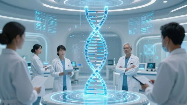 Blockchain transforming healthcare with digital data and DNA helix.