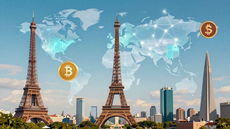 Blockchain technology integrated with global landmarks and digital currency.