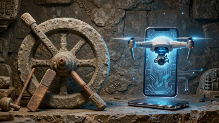 Ancient tools and modern technology collage.