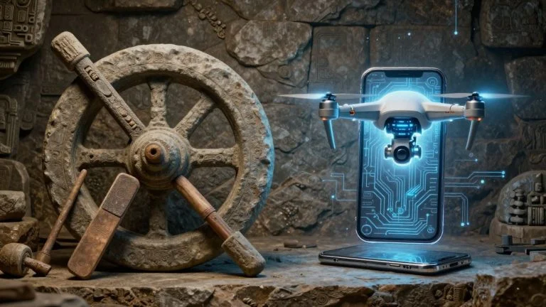 Ancient tools and modern technology collage.