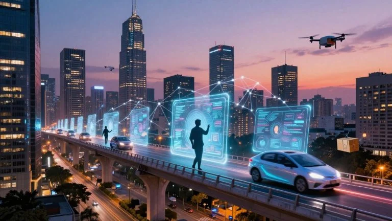 Cityscape with digital connections and people using technology.