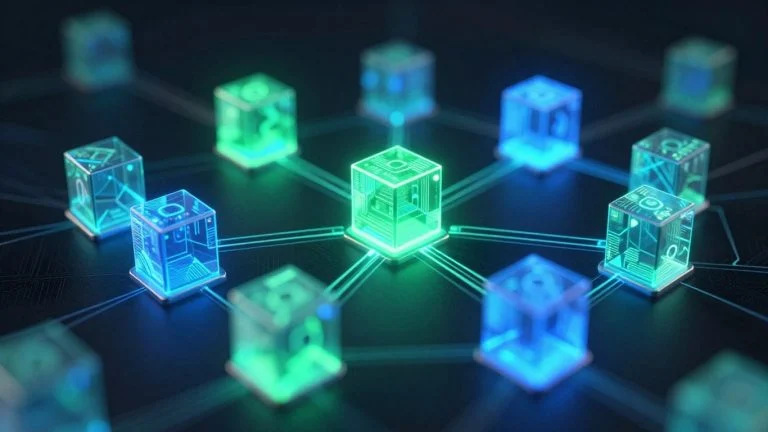 Digital blockchain network with interconnected blocks and glowing lines.