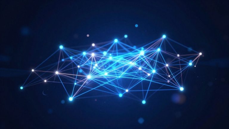 Abstract digital network with glowing interconnected nodes.