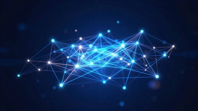 Abstract digital network with glowing interconnected nodes.