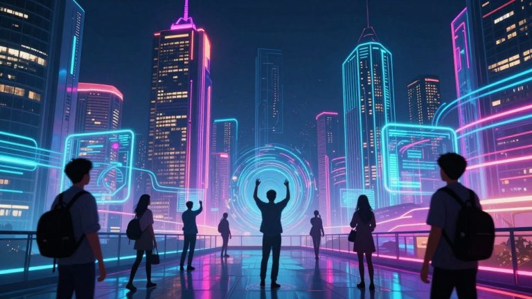 Futuristic cityscape with glowing technology and innovation.