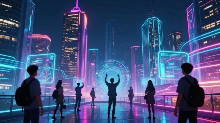 Futuristic cityscape with glowing technology and innovation.