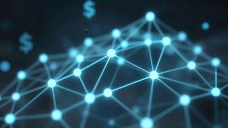 Digital network with glowing nodes and currency symbols.