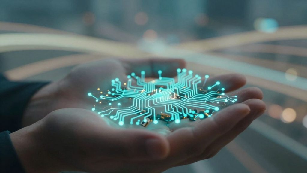 Hands holding glowing digital circuits, abstract light background.