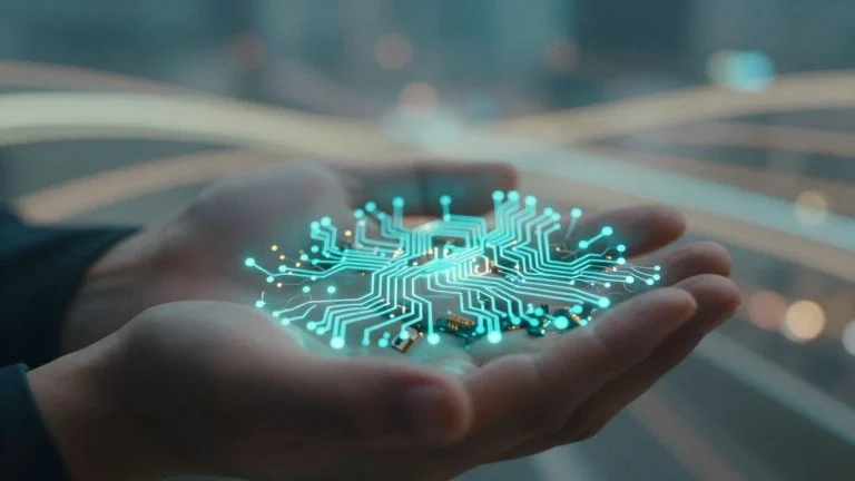 Hands holding glowing digital circuits, abstract light background.