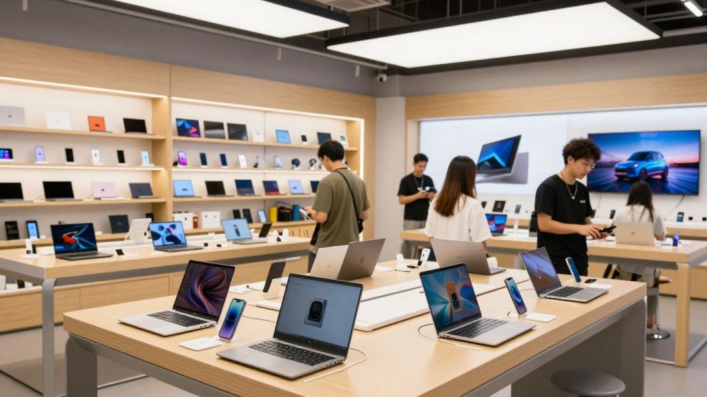 Modern tech store interior with gadgets and customers browsing