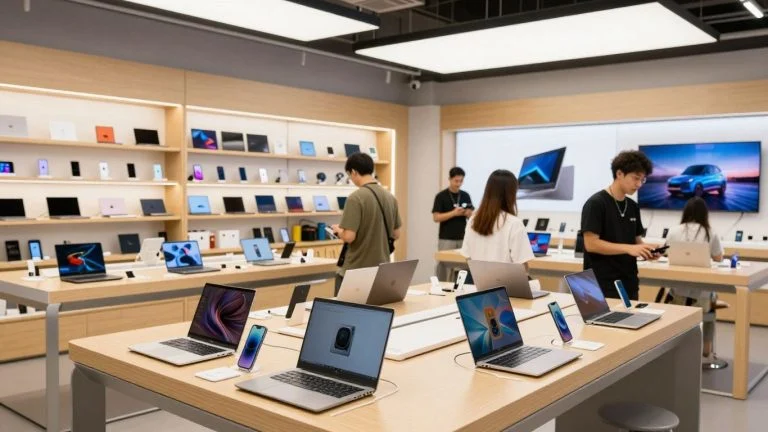 Modern tech store interior with gadgets and customers browsing
