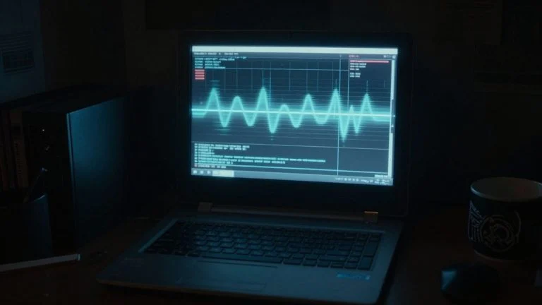 Vintage laptop screen glowing with abstract timeline.