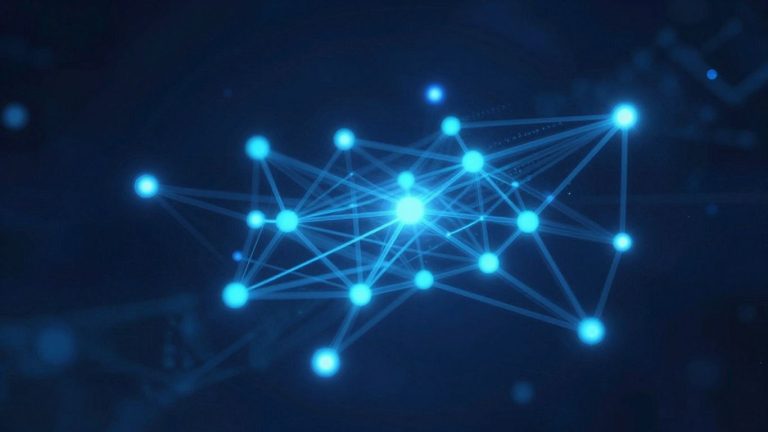 Abstract glowing network of interconnected nodes.