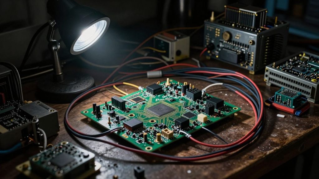 Tangled wires and circuit boards in a workshop.