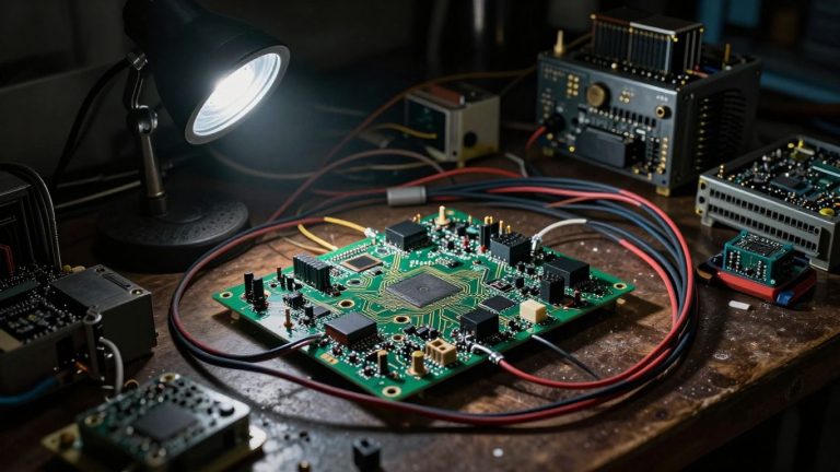 Tangled wires and circuit boards in a workshop.